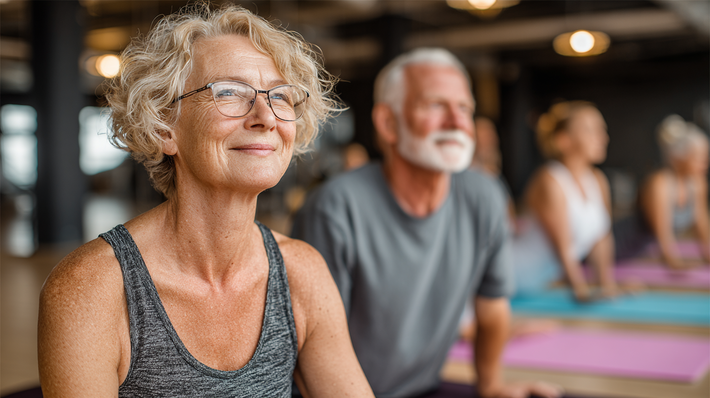 Група активних людей старшого віку займається фітнесом у світлому залі