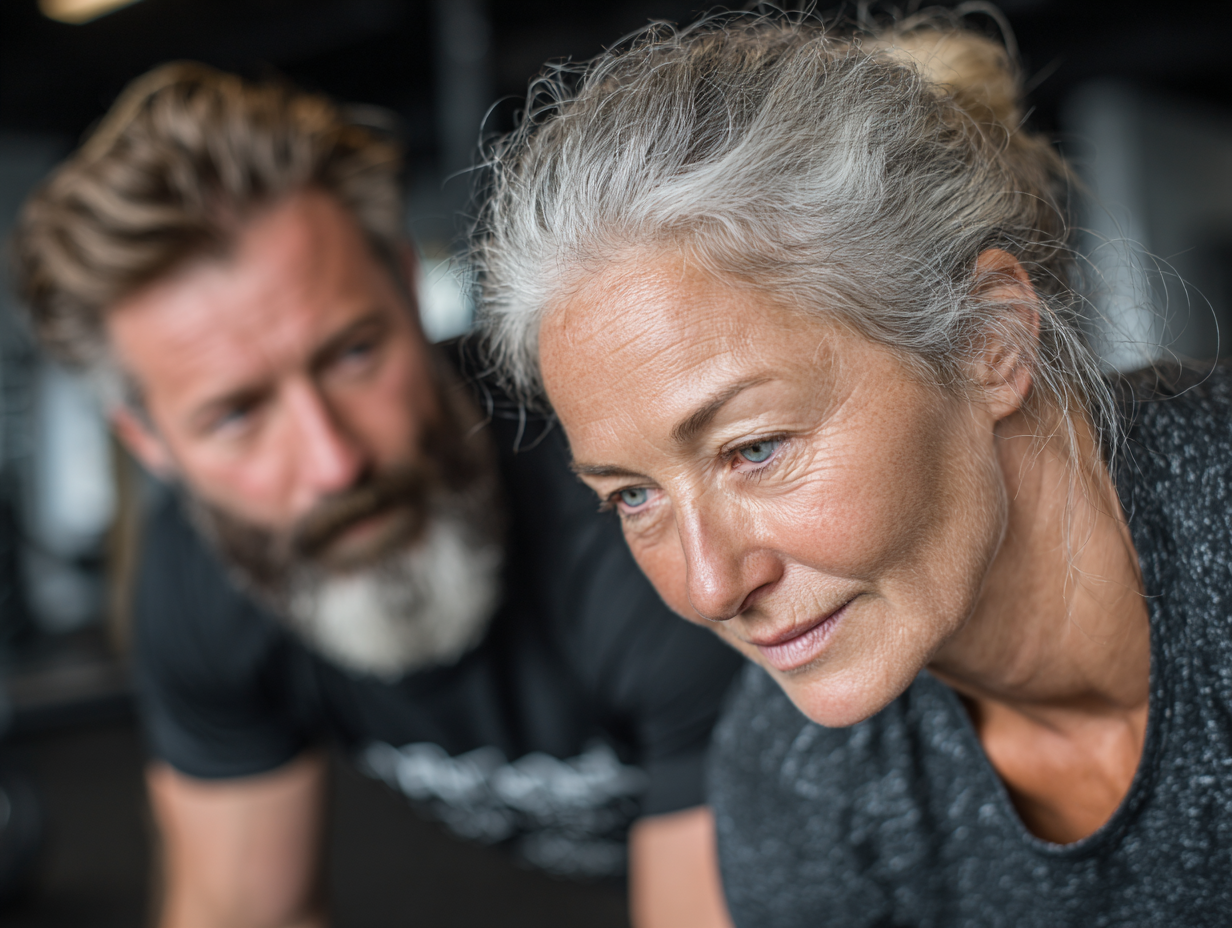 Досвідчений тренер консультує людину старшого віку щодо правильного виконання вправ